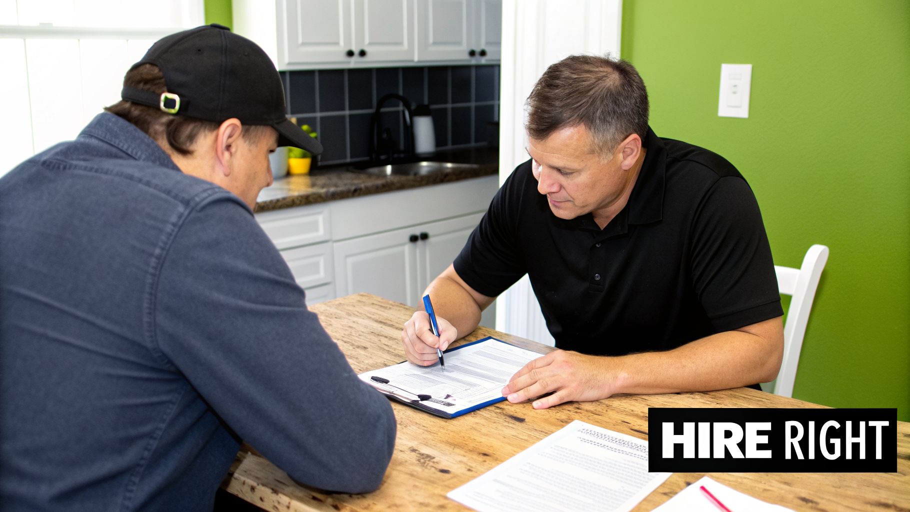 Two men at a wooden table, one signs paperwork with a pen, the other observing.