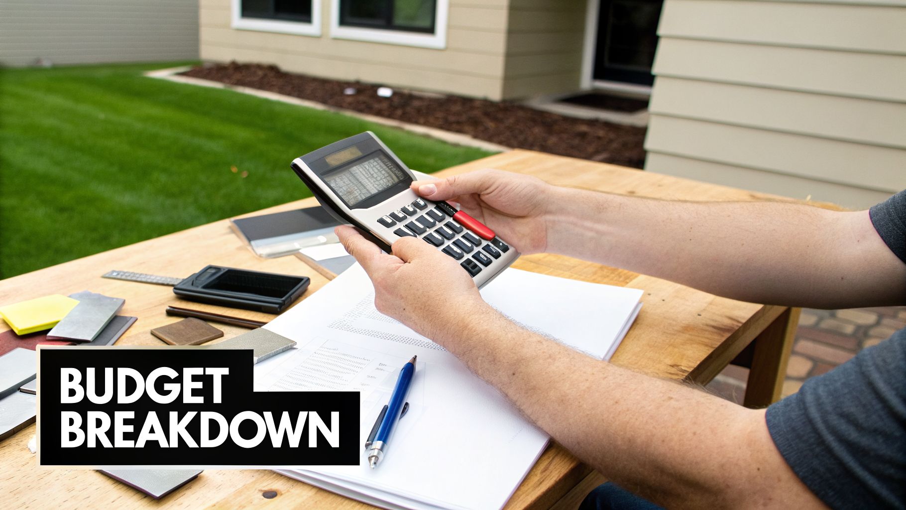 A person uses a calculator and papers on a wooden table outdoors, planning a budget.