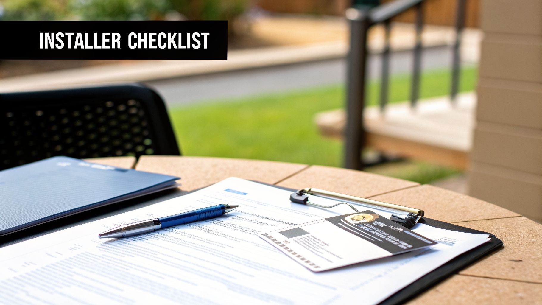 Close-up of an installer checklist, documents, and a pen on an outdoor patio table.