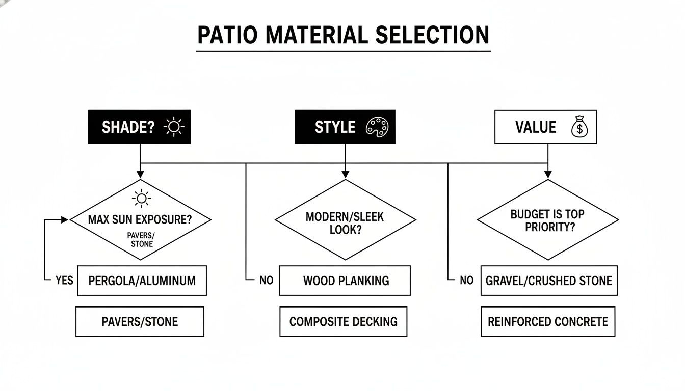 A flowchart guides patio material selection based on shade, style preferences, and budget priority.