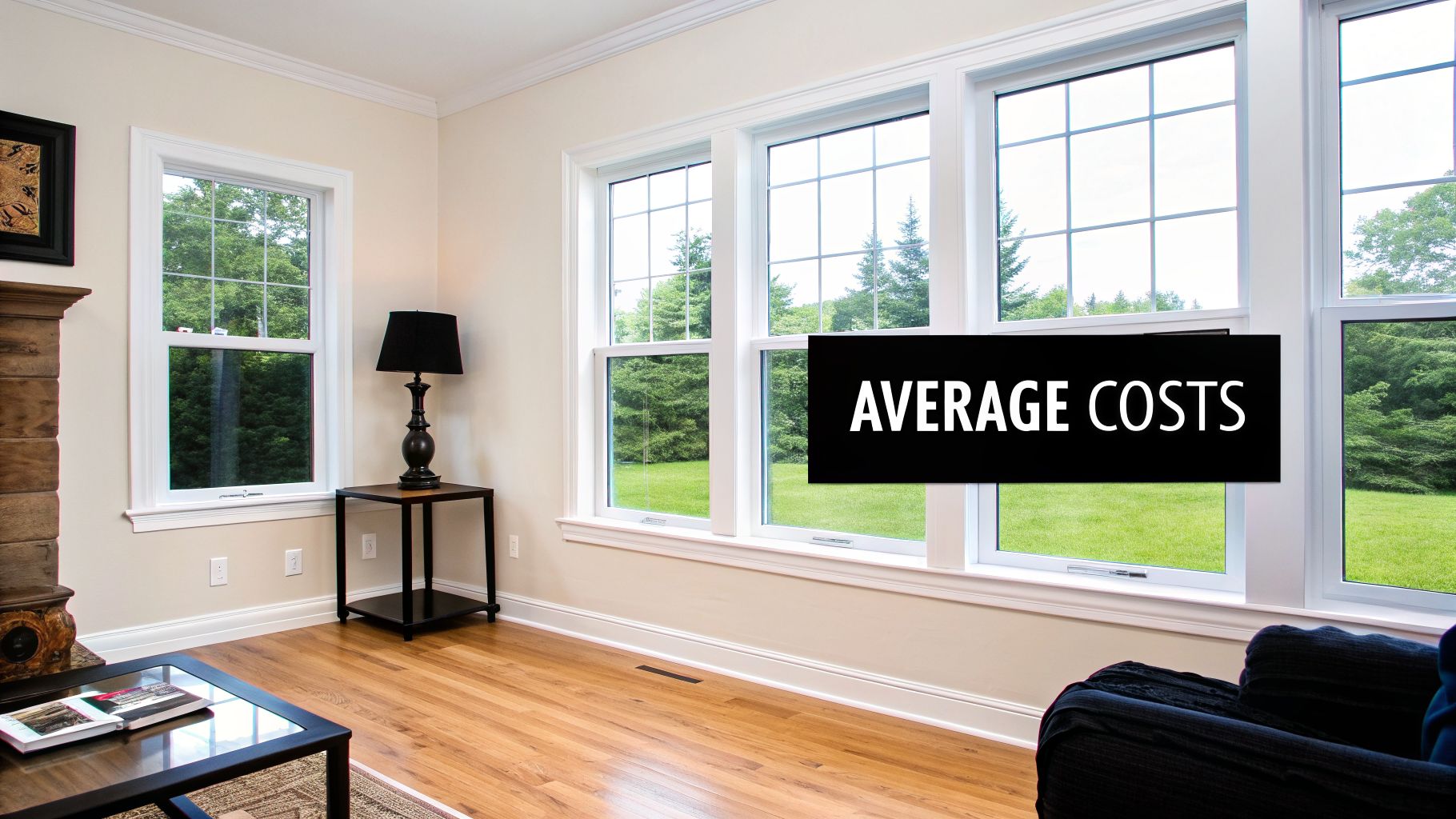 A bright room with large windows overlooking a green yard, featuring an 'AVERAGE COSTS' text overlay.