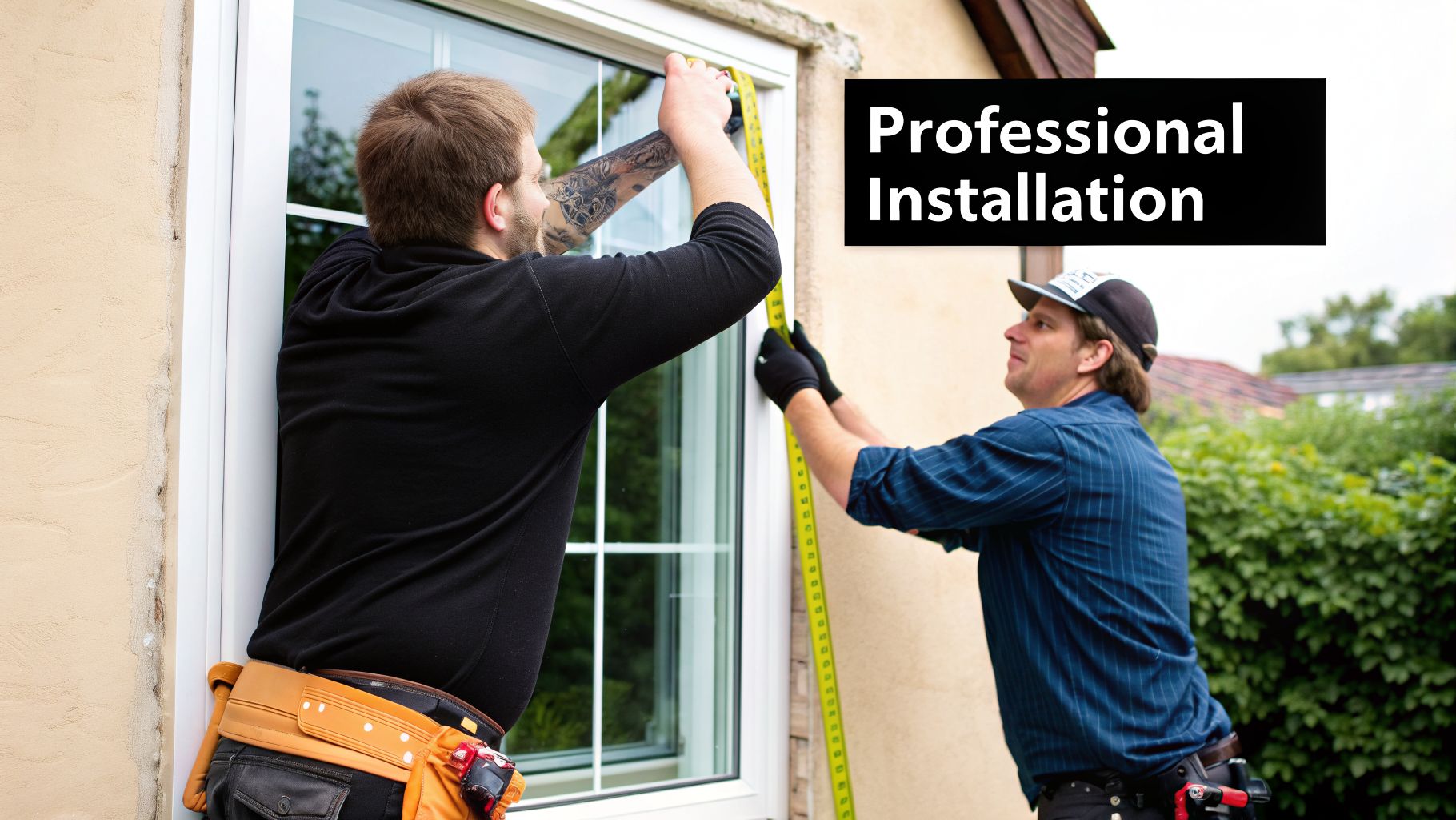 Two professional installers meticulously measuring a new window frame for precise installation.